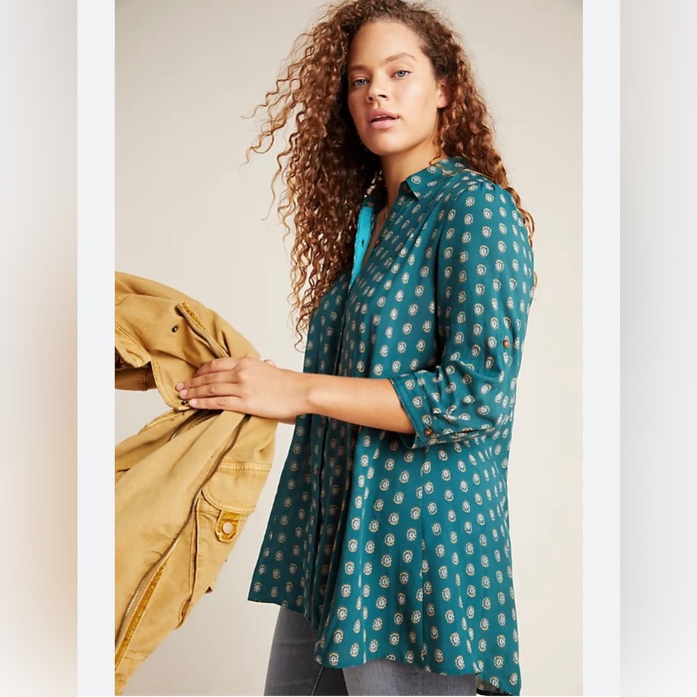 Anthropologie Maeve Tunic Button Down XS Monica Camicetti Teal Oversized Modal